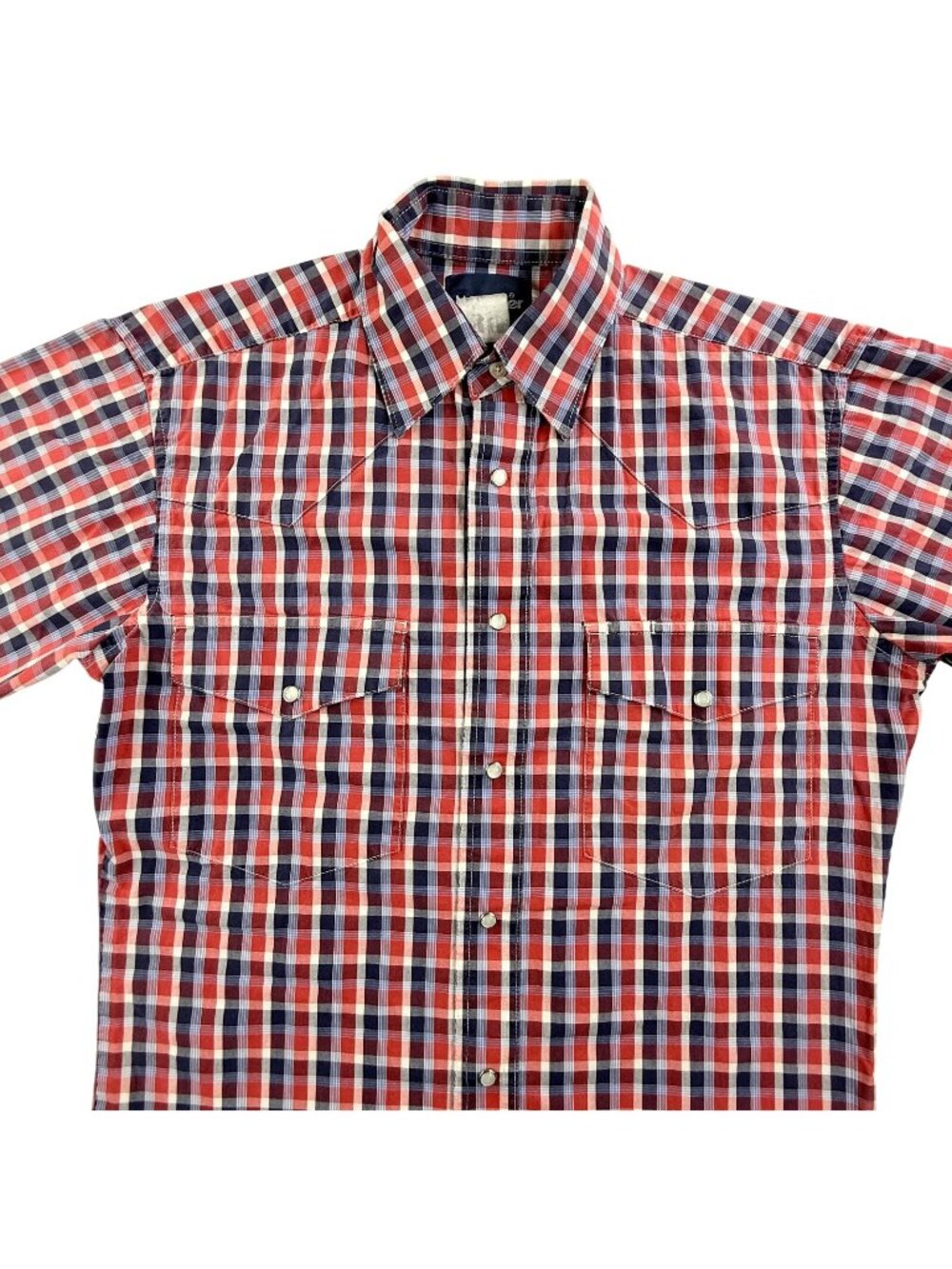 Wrangler Shirt Mens Medium Blue Red Check Short Sleeve Western Pearl Snap Pocket